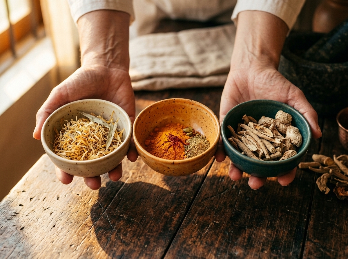 Hands holding three ceramic bowls of Ayurvedic herbs representing the three doshas — Vata, Pitta, Kapha