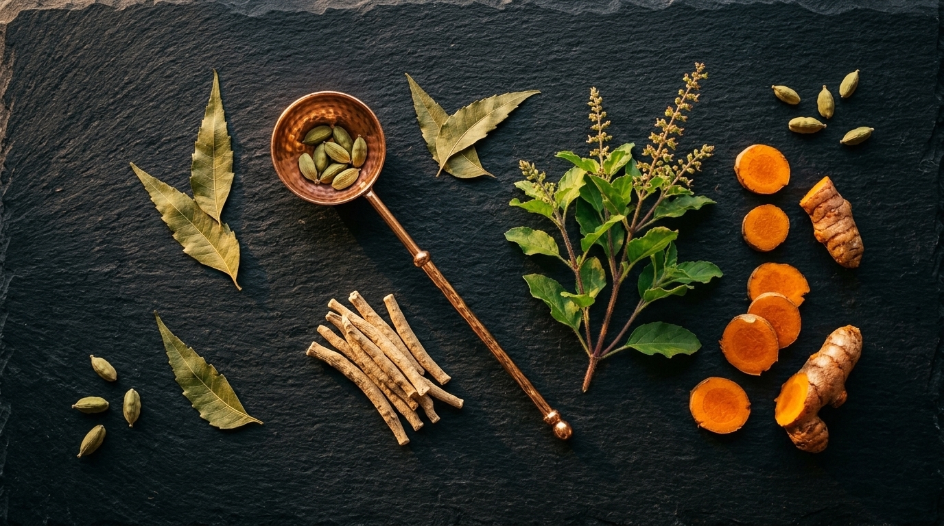 Ayurvedic herbs arranged on dark slate — an overhead flatlay of the botanical pharmacopoeia