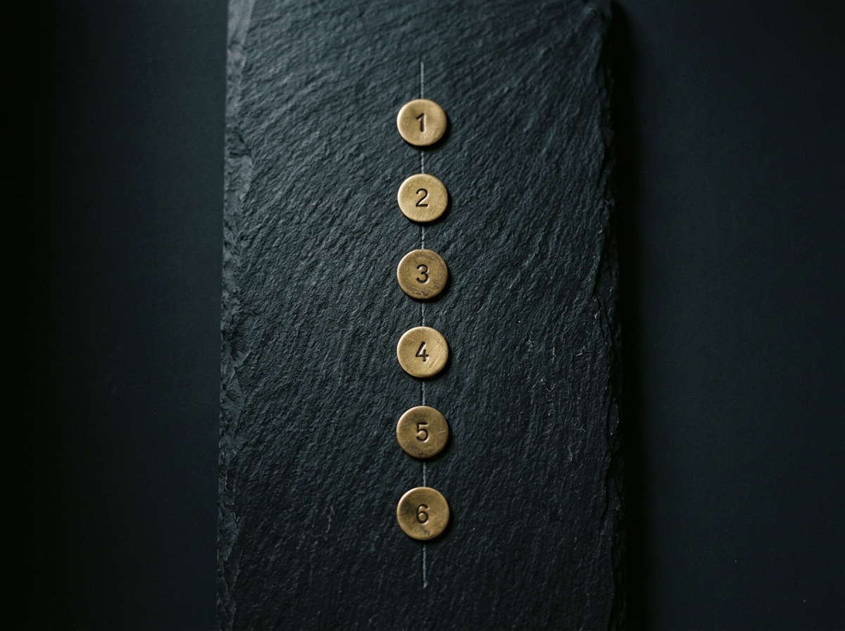 Six brass numbered discs arranged vertically on dark slate, connected by a thin line — representing the six steps of the Integration Sequence