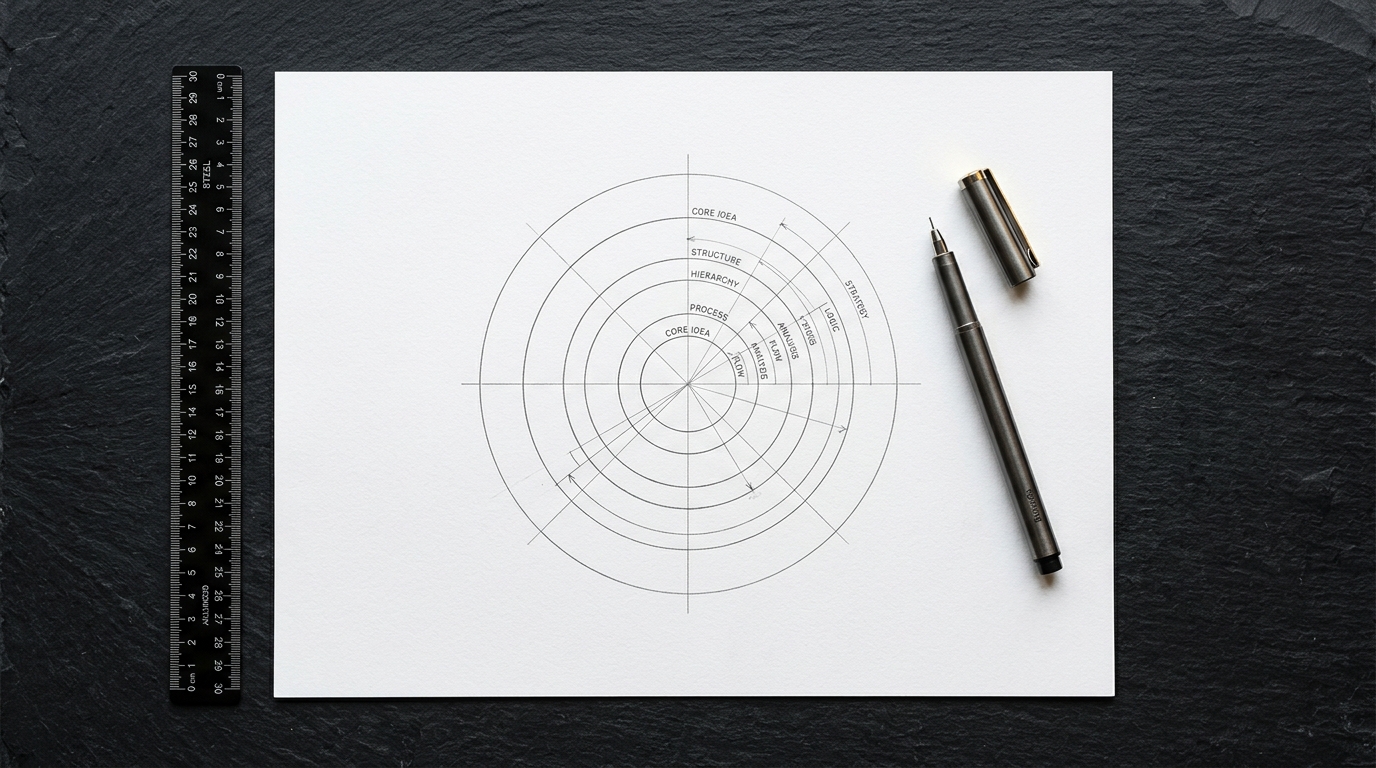 A precision geometric diagram on white paper — concentric circles and radial lines representing the architecture of mental training, on a dark slate surface